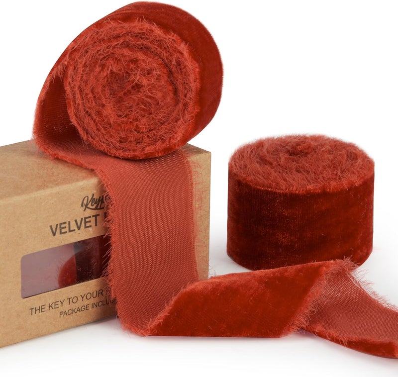 Keypan Rust Red Velvet Ribbon for Gift Wrapping - 1 1/2 inch Wide Handmade Fringe Fabric Ribbons for Christmas Decorations, Baby Shower, Flower Bouquet - Image 1